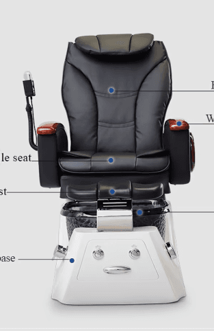 This is a modern pedicure spa chair featuring a plush black faux leather upholstered armchair with integrated massage controls, set upon a sleek white base that houses a textured, purple-tinted footbath. The chair includes padded head and armrests, with the armrests featuring polished wooden accents and a remote control for various functions. The footbath section has chrome fixtures for water dispensing and drainage. — 3D model
