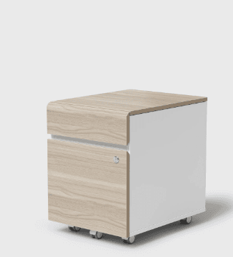 A modern, two-drawer mobile filing cabinet featuring a light wood-look top and drawer fronts, contrasted with white side and back panels. The top edge is gently rounded, and the drawers have integrated, recessed handles. It is equipped with five casters for mobility, with the fifth caster providing anti-tip support for the bottom drawer. A lock mechanism is present on the top drawer. — 3D model