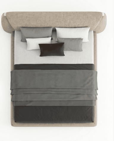 A modern upholstered platform bed featuring a low-profile frame and a distinctive, sculptural curved headboard, all covered in a textured light beige fabric. The bed is presented with dark grey bedding and assorted pillows. — 3D model