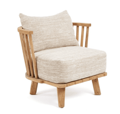 A wooden armchair with a light-colored woven fabric upholstery on the seat and backrest. The chair features a slatted back and arms, with a relaxed, somewhat rustic aesthetic. A separate cushion is placed against the backrest. — 3D model