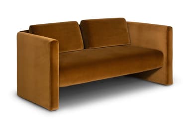 A contemporary two-seater sofa with a minimalist design. The sofa features a plush velvet upholstery in a warm brown hue. Its structure is characterized by clean lines, with substantial armrests and back cushions. Accents of polished brass or gold-toned metal are visible at the top of the armrests and between the back cushions, providing a luxurious contrast to the fabric. — 3D model