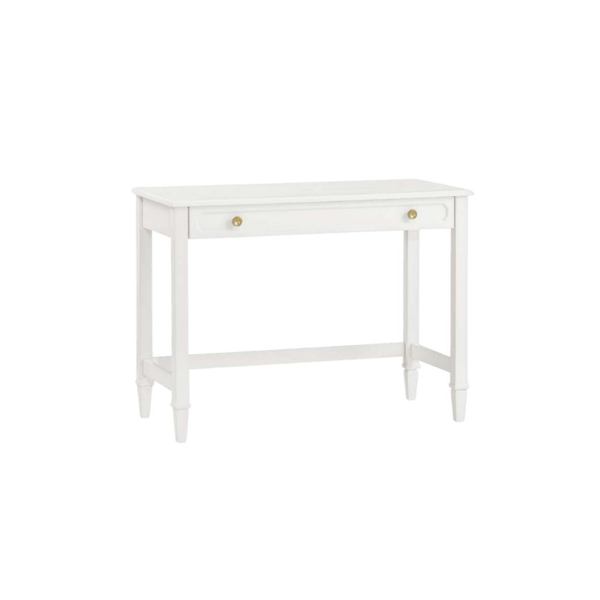 A white wooden desk with a single drawer, featuring turned legs and a stretcher bar connecting the legs. The drawer has a brass knob, and the top surface has a slightly curved edge. The desk appears to have a traditional or transitional style. — 3D model