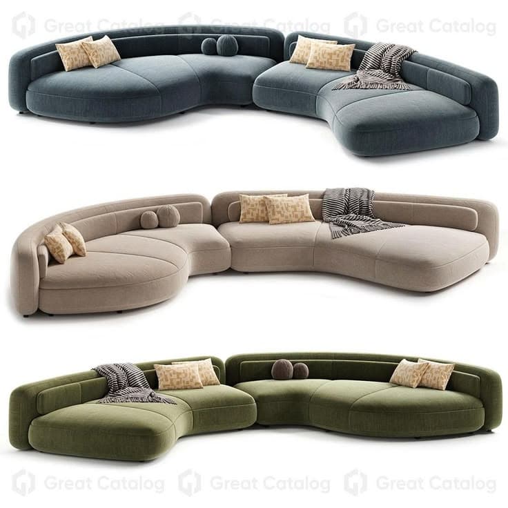 A contemporary modular sectional sofa featuring a distinct curvilinear and organic shape, upholstered in a dark teal fabric. The sofa comprises multiple units that connect to form an expansive, flowing seating arrangement with integrated low backrests and armrests. It is accessorized with decorative throw pillows and a striped throw blanket. — 3D model