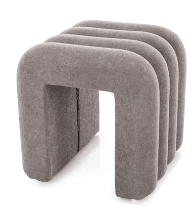 A contemporary, greige-colored upholstered bench featuring a distinctive multi-arched, ribbed design, fully covered in a textured, soft fabric like bouclé or chenille. — 3D model