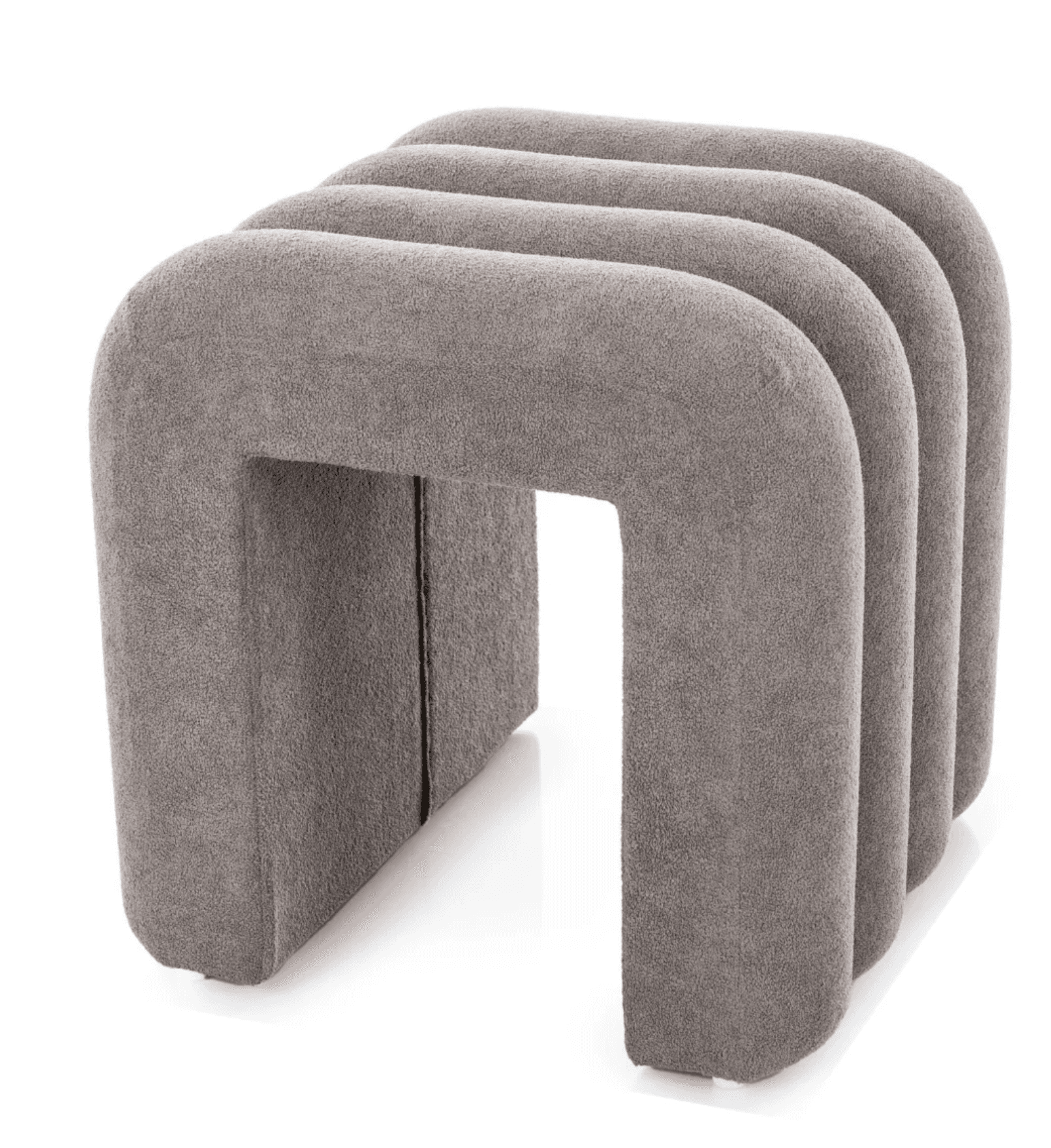 A contemporary, greige-colored upholstered bench featuring a distinctive multi-arched, ribbed design, fully covered in a textured, soft fabric like bouclé or chenille. — 3D model