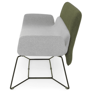 A modern two-seater sofa with a distinctive design. The seat and armrests are upholstered in a light grey, textured fabric, while the backrest is a contrasting dark olive green, also textured. The sofa features a curved, flowing silhouette for the seat and arms. It is supported by a minimalist, black metal frame with a geometric, open-leg design. — 3D model