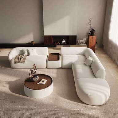A modern modular sectional sofa in light fabric, featuring rounded contours, an integrated wooden tray, and a coordinating round coffee table with a wooden top. — 3D model