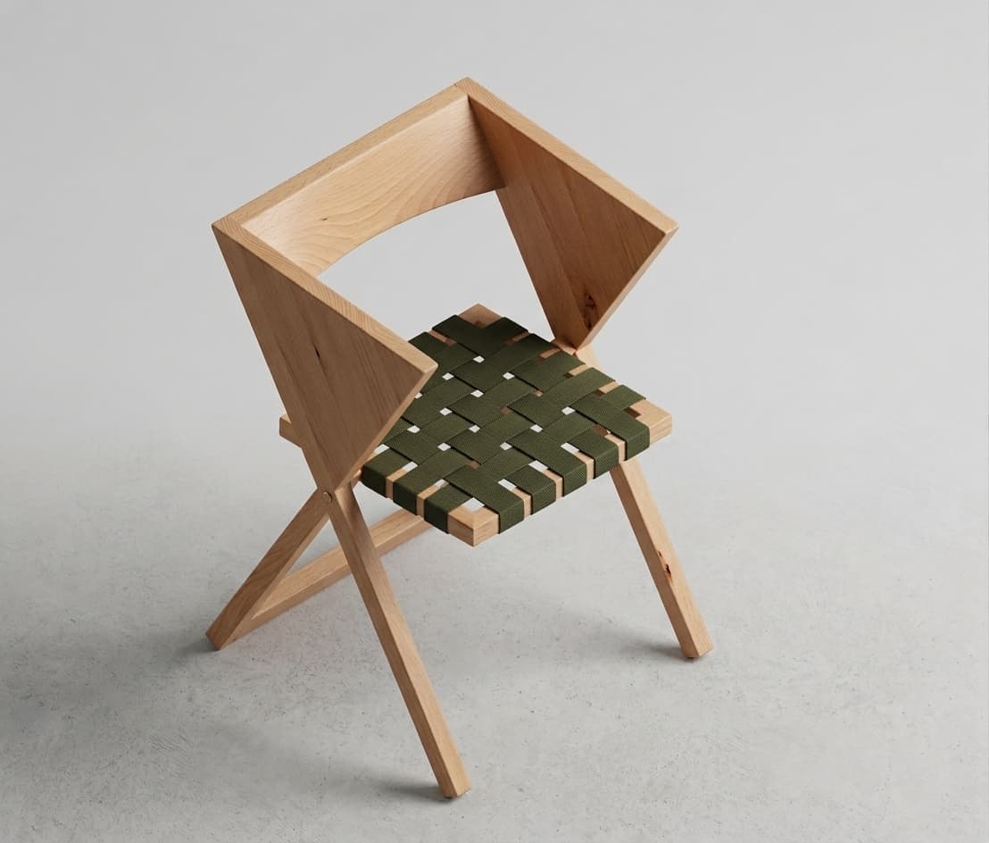 A modern armchair featuring a geometric frame crafted from light-toned solid wood, possibly maple or ash. The seat is constructed from dark green, tightly woven fabric strapping, creating a distinctive pattern. The backrest and armrests are integrated into the angular wooden frame, presenting a minimalist yet striking aesthetic. The chair stands on four splayed wooden legs, and the overall condition appears new and pristine. — 3D model