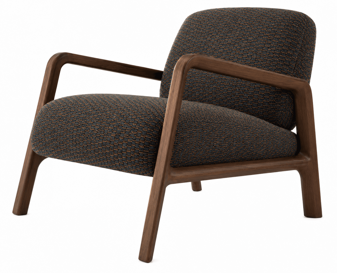 A modern armchair with a wooden frame and upholstered seat and backrest. The frame features gently curved arms and tapered legs. The upholstery has a textured weave with dark grey and subtle orange-brown threads. — 3D model