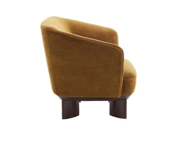 A compact upholstered lounge chair featuring a rounded, low-profile silhouette. The chair is covered in a textured, mustard yellow fabric and rests on short, dark brown wooden legs. The back and armrests are integrated, creating a seamless, enveloping form. The design appears modern with a touch of classic comfort, ideal for accent seating. — 3D model