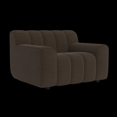A single-seater armchair upholstered in dark brown fabric, featuring prominent vertical channel tufting on the backrest and seat. It has wide, rounded armrests and a plush, low-profile silhouette. — 3D model