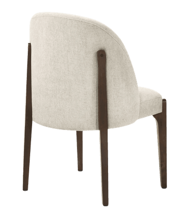 A contemporary upholstered dining chair featuring a curved backrest and seat, supported by a dark wood frame and tapered legs. The chair is covered in a light, textured fabric, likely a linen blend, with exposed dark brown wooden elements forming the back support and legs. — 3D model