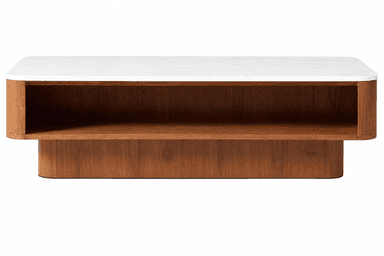 A rectangular coffee table featuring a polished white marble top with gently rounded corners. The base is constructed from a dark, warm-toned wood, exhibiting a visible grain and smooth, curved edges throughout. It includes an open, accessible storage shelf beneath the top surface, supported by a solid, low-profile plinth base. — 3D model