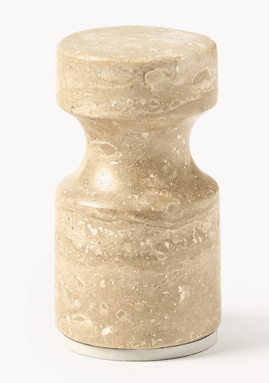 A cylindrical table made from natural travertine, featuring a central hourglass-like constriction. The stone has a beige color with natural patterns and porous textures. It sits on a thin white base. — 3D model