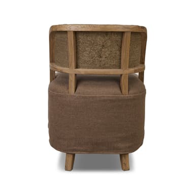 A back view of an armchair featuring a rounded, upholstered seat and backrest with a wooden frame. The wooden frame is composed of curved top and bottom rails connected by vertical supports. The backrest showcases a textured, patterned fabric insert within the wooden frame. The seat is upholstered in a plain, textured brown fabric, and the chair is supported by four tapered wooden legs. — 3D model