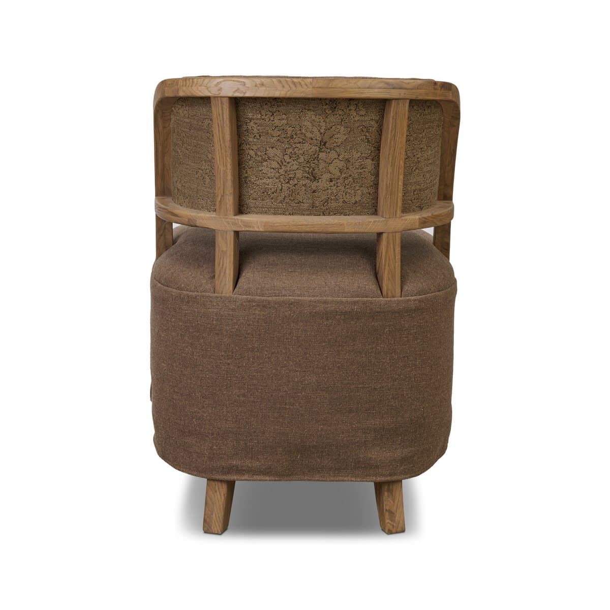 A back view of an armchair featuring a rounded, upholstered seat and backrest with a wooden frame. The wooden frame is composed of curved top and bottom rails connected by vertical supports. The backrest showcases a textured, patterned fabric insert within the wooden frame. The seat is upholstered in a plain, textured brown fabric, and the chair is supported by four tapered wooden legs. — 3D model