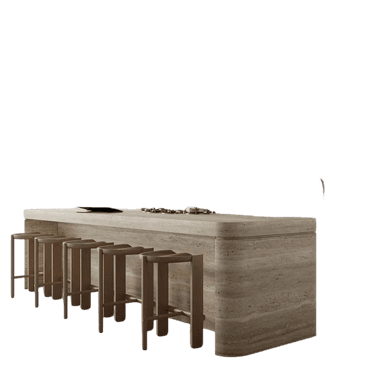 A long, rectangular bar height table constructed from natural travertine stone, paired with six minimalist wooden stools. The table features thick, rounded edges and visible stone veining, while the stools have a simple, sturdy design with integrated footrests. — 3D model