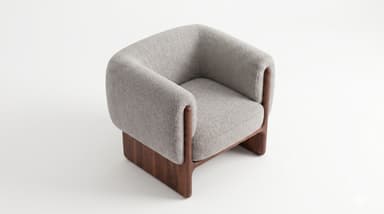 A modern armchair featuring a curved, upholstered body in light grey bouclé fabric, supported by a distinct dark walnut wooden frame that forms the base and extends upwards to encompass the arms. — 3D model