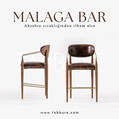 A modern bar stool featuring a rich brown wooden frame, dark brown leather upholstery for the seat and backrest, and elegant brass accents that form the armrests and footrest. The design incorporates tapered legs and a gently curved back. — 3D model
