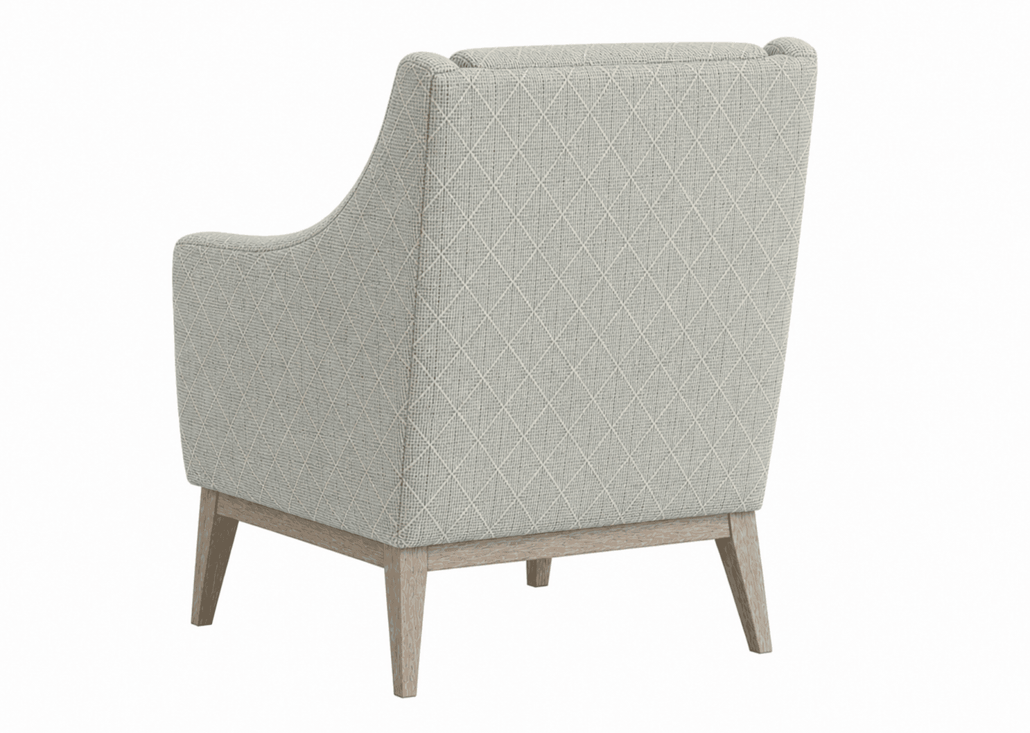 A upholstered armchair viewed from the rear. The chair features a high back with a slightly curved top edge and integrated armrests. The upholstery is a light grey fabric with a diamond-patterned weave in a lighter contrasting thread. The chair is supported by a wooden base and four tapered legs, appearing to be made of light-colored wood. — 3D model
