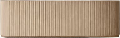 A contemporary wooden bed frame with an integrated headboard and side cabinets. The headboard is a large, vertically slatted panel that extends the full width of the bed and continues upwards. Attached to either side of the headboard are curved side panels. Built into the base of the bed frame and extending from underneath the headboard are two matching cabinets, each featuring three drawers with integrated pulls. The bed is dressed with white bedding, including two pillows. — 3D model