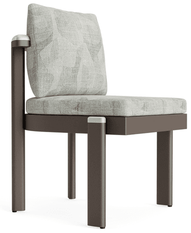 A contemporary armchair featuring a robust, angular metal frame in a dark bronze finish, complemented by plush, removable upholstered seat and back cushions. The fabric has a light green and beige geometric pattern. The armrests are integrated into the frame, with rounded metallic end caps. — 3D model
