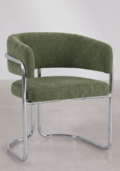 An olive green upholstered accent chair featuring a curved backrest and integrated armrests. The chair is supported by a continuous tubular chrome frame that forms a sled base, providing a modern and minimalist aesthetic. — 3D model
