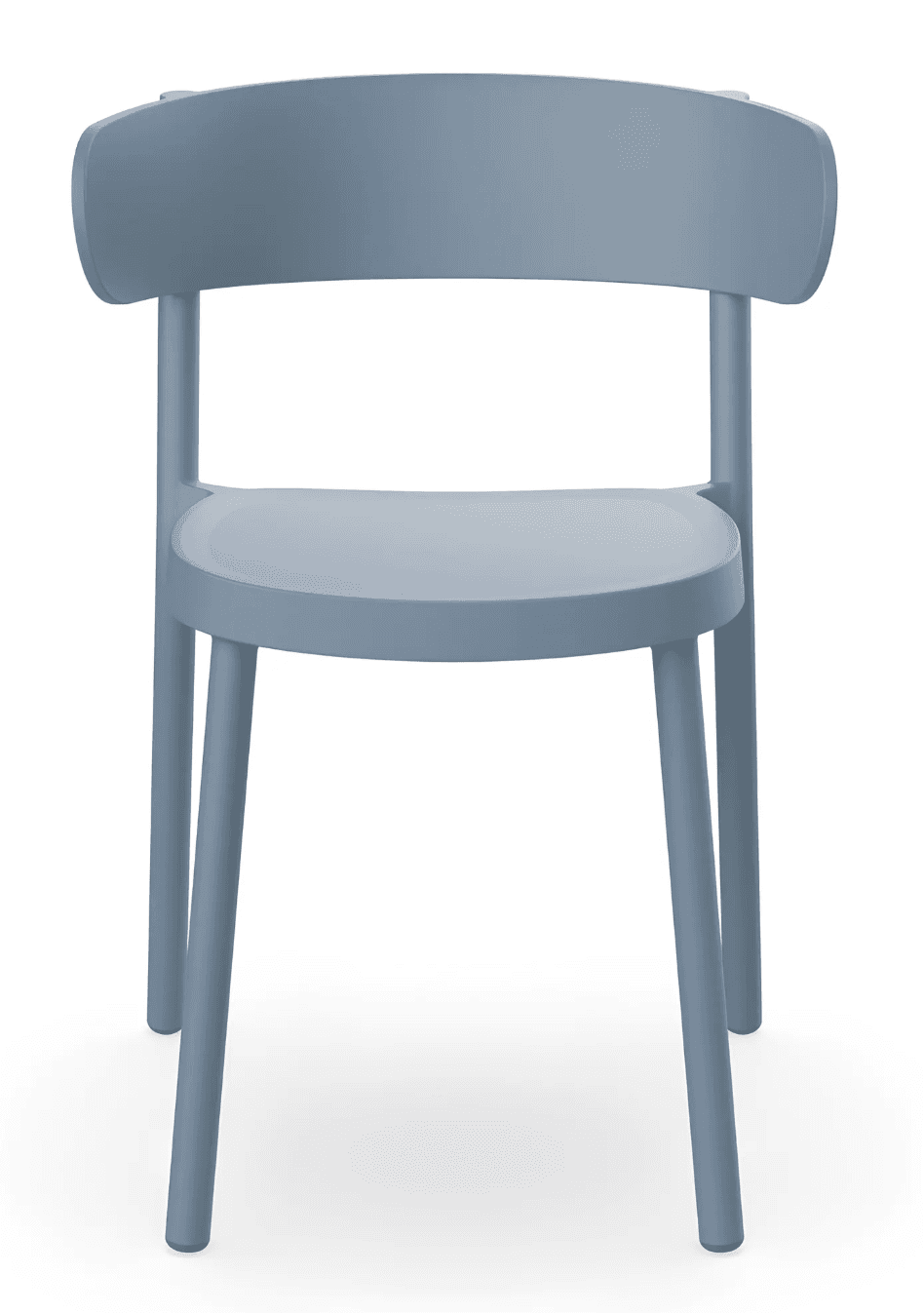 A modern armless dining chair made from molded plastic in a muted blue-grey color, featuring a gently curved backrest and tapered cylindrical legs. — 3D model
