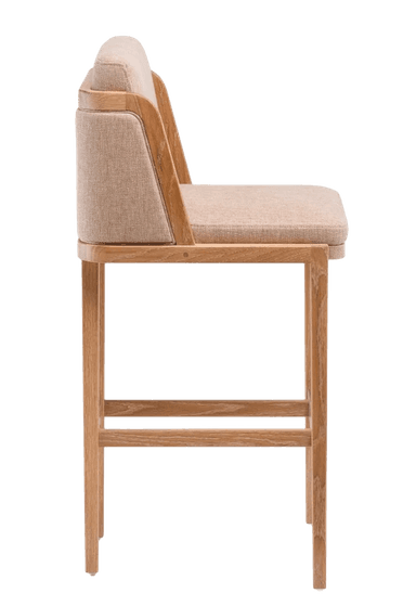 A modern bar stool with a wooden frame and upholstered seat and backrest. The stool has four straight legs connected by horizontal supports for stability. The seat and backrest are covered in a textured, light brown fabric. — 3D model