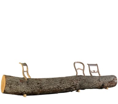A long, raw, unrefined tree log functions as the main seating surface, supported by smaller wooden blocks underneath. Attached to the top of the log are three distinct, ornately carved wooden chair backrests. Each backrest features a traditional, somewhat baroque or rococo-inspired design with decorative flourishes. The log itself has visible bark texture and a natural brown color, while the backrests appear to be made of a lighter-colored wood, possibly painted or stained, complementing the rustic aesthetic with an unexpected touch of classical elegance. The overall piece is a functional yet highly artistic bench. — 3D model
