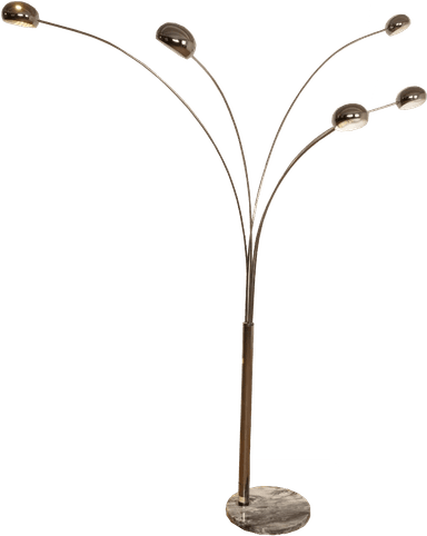 A modern arc floor lamp with a marble base. The lamp features a central dark pole from which five thin, curved arms extend upwards and outwards, each terminating in a dome-shaped light fixture. The base is a circular slab with a marbled pattern. The overall design is characterized by its sweeping lines and contemporary aesthetic. — 3D model