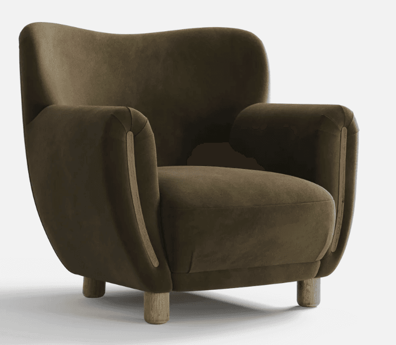 A plush armchair with a distinctive curved silhouette. The upholstery is a soft, matte fabric in a deep olive green. Accents of light-colored wood frame the sides of the backrest and extend down to the armrests. The chair is supported by four short, tapered wooden legs. — 3D model
