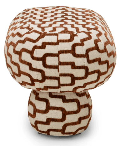 A mushroom-shaped upholstered ottoman featuring a repeating geometric pattern in brown against an off-white background. The ottoman consists of a wider, rounded top resembling a mushroom cap, and a narrower, cylindrical base resembling a stem, both fully upholstered in the same patterned fabric. — 3D model
