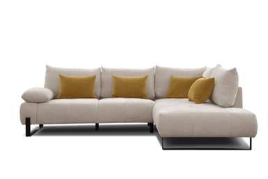 An L-shaped sectional sofa upholstered in a light beige or cream textured fabric, featuring a right-hand facing chaise extension. The sofa is supported by slender, low-profile black metal legs. It includes multiple loose back cushions in the same primary fabric and is accented with four mustard yellow textured throw pillows and one small, rectangular beige armrest pillow. The design is contemporary, emphasizing clean lines and a comfortable aesthetic. — 3D model