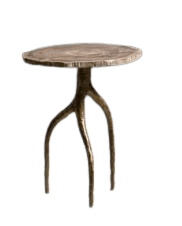 A small, round accent table with a top that resembles a cross-section of a petrified wood log. The base consists of three organically shaped, branch-like legs made of metal. — 3D model