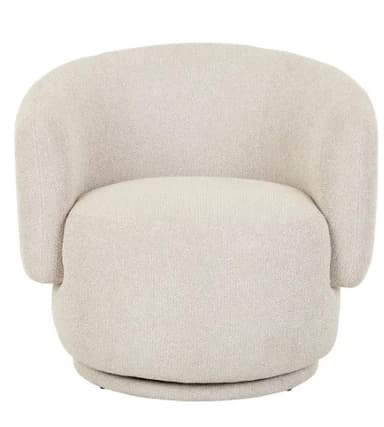 A contemporary armchair with a rounded, enveloping silhouette. The chair features a swivel base and is upholstered in a textured, neutral fabric. — 3D model