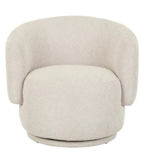 A contemporary armchair with a rounded, enveloping silhouette. The chair features a swivel base and is upholstered in a textured, neutral fabric. — 3D model