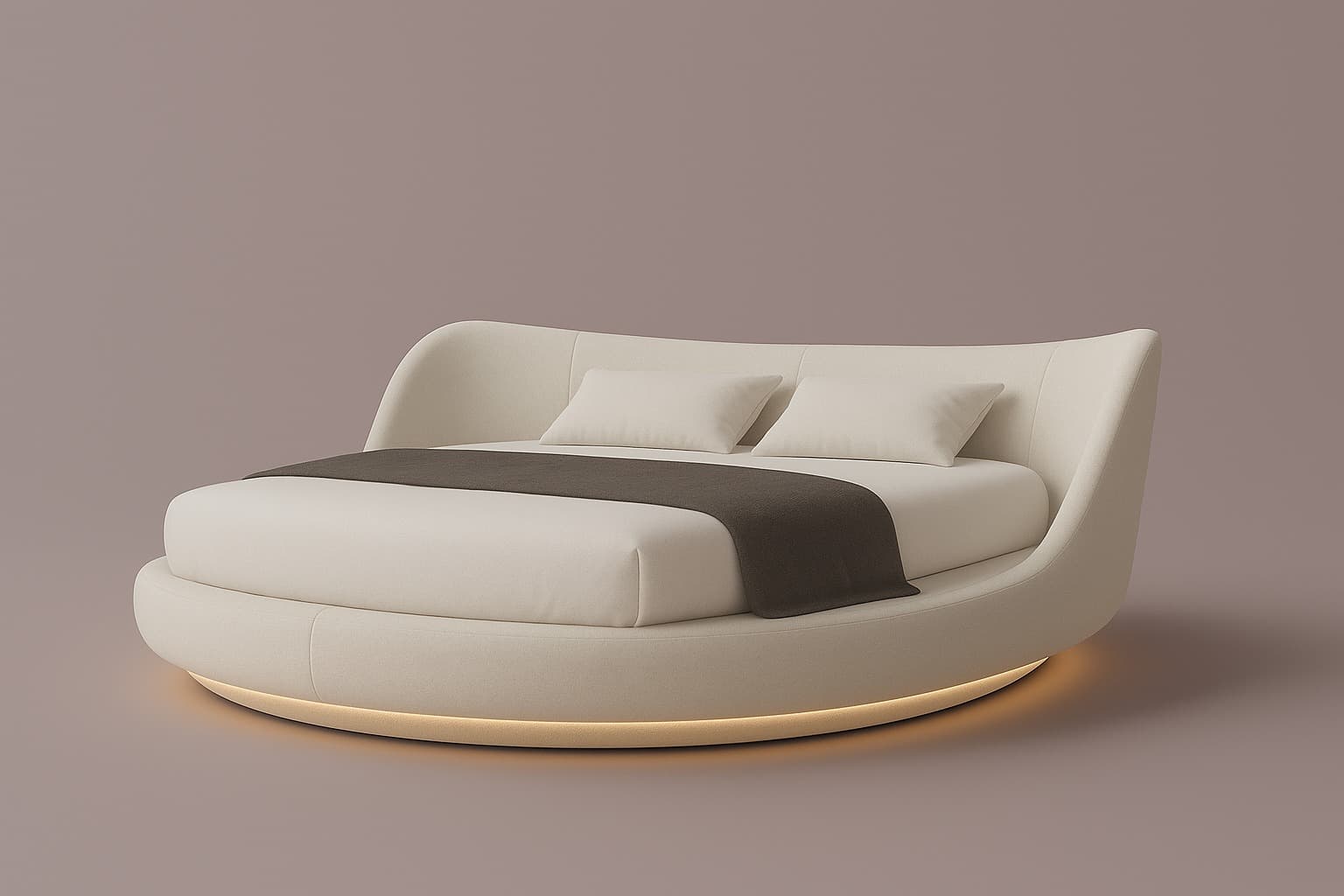 A modern, circular bed with a cushioned headboard and a floating base that incorporates LED lighting. The bed is upholstered in a light-colored fabric and includes two pillows and a decorative throw blanket. The design is sleek and contemporary. — 3D model
