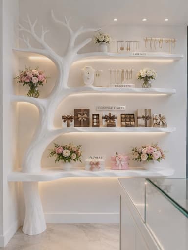 A modern, free-standing shelving unit designed with a distinctive sculptural tree-like form. It features a central organic support structure with branches extending outwards to hold four flat, asymmetrical shelves, all rendered in a matte white finish. — 3D model