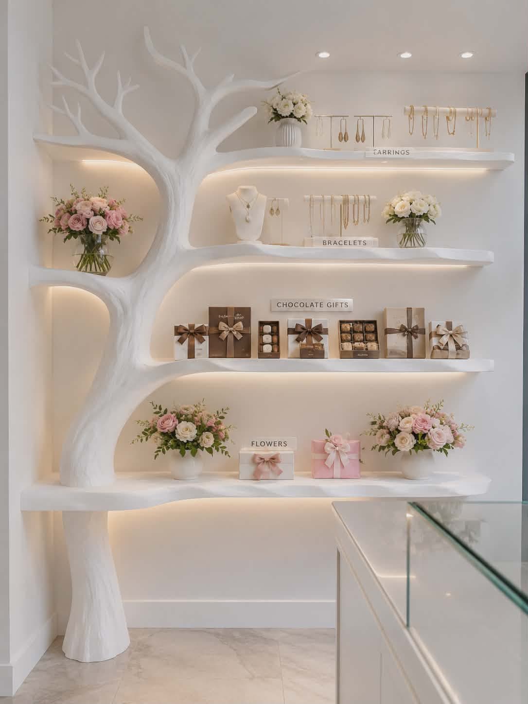 A modern, free-standing shelving unit designed with a distinctive sculptural tree-like form. It features a central organic support structure with branches extending outwards to hold four flat, asymmetrical shelves, all rendered in a matte white finish. — 3D model