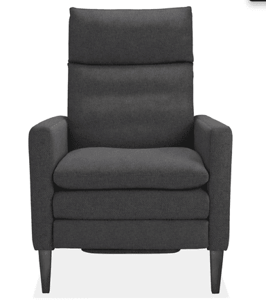A contemporary high-back lounge chair upholstered in a dark gray, textured fabric. The chair features a tall backrest with a separate lumbar cushion, boxy padded armrests, and a removable seat cushion. It is supported by four dark, tapered wooden legs. — 3D model