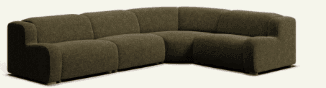 A sectional sofa with a modular design, featuring deep seating and upholstered in a textured, dark olive-green fabric. The sofa has a low profile with rounded edges and distinct modular units connected to form a curved sectional. — 3D model