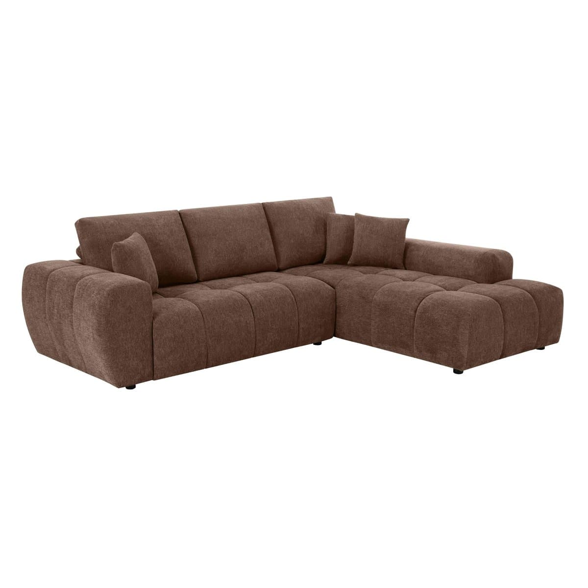 A contemporary sectional sofa upholstered in a textured brown fabric. The sofa features a modular design with square-shaped cushions that have a subtle channel tufting or stitching pattern. It includes a chaise lounge extension on one side and several loose back cushions for comfort. The armrests are wide and integrated into the frame, with one armrest appearing to have a slightly rounded profile. The sofa sits on low, dark-colored feet. — 3D model