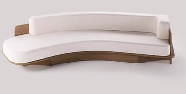 A contemporary curved sofa with white fabric upholstery and exposed light wood back panels and base. — 3D model
