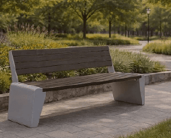 A modern outdoor bench featuring dark brown wooden or composite slats for the seat and backrest, supported by two sturdy, light grey concrete-like bases. The design is minimalist, with clean lines and an integrated backrest. — 3D model