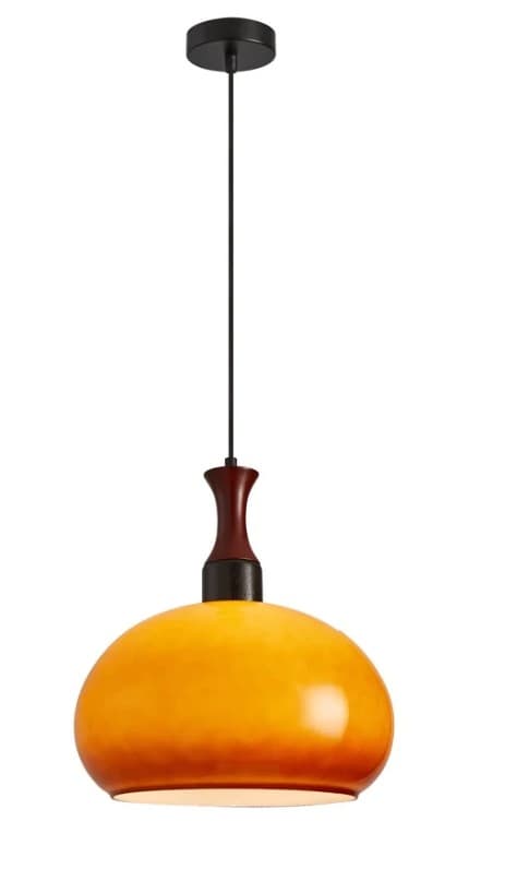 A contemporary pendant light featuring a rounded, bell-shaped orange glass shade suspended from a black ceiling canopy via a fabric-wrapped cord. A dark, turned wood element acts as a finial, connecting the cord and the top of the glass shade. The light has a warm, inviting aesthetic. — 3D model