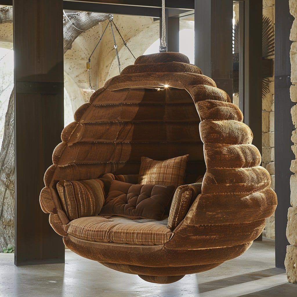 A hanging nest-style chair, upholstered in a plush, textured brown velvet fabric. The exterior features distinctive horizontal ribbing, creating a cocoon-like or beehive appearance. The interior is fitted with a comfortable, tufted seat cushion and several loose cushions, all in coordinating shades of brown velvet, some with subtle plaid patterns or quilted textures. The chair is suspended by a single rope attached to a metal ring at the top. — 3D model