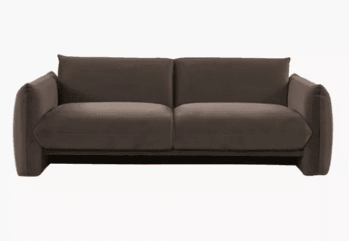 A modern, two-seater sofa with plush upholstery and rounded armrests. The sofa features a low profile and a contemporary design, with seat and back cushions that appear to be integrated rather than separate components. The frame is not fully visible, but the base seems to be dark and low to the ground. — 3D model