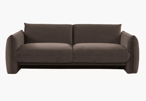 A modern, two-seater sofa with plush upholstery and rounded armrests. The sofa features a low profile and a contemporary design, with seat and back cushions that appear to be integrated rather than separate components. The frame is not fully visible, but the base seems to be dark and low to the ground. — 3D model