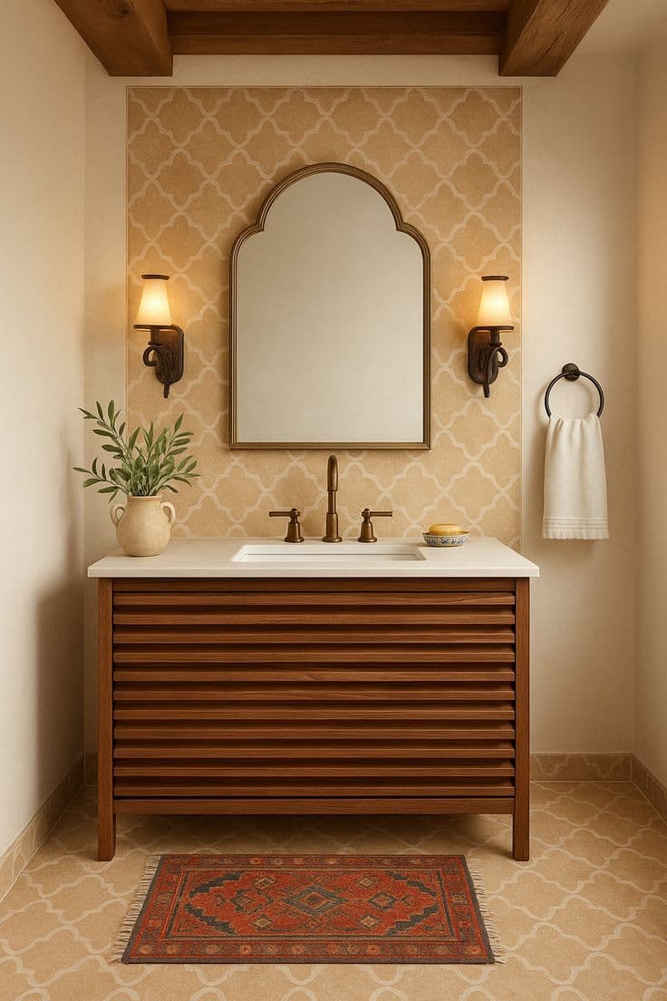 A contemporary single bathroom vanity unit featuring a natural wood cabinet with a slatted front, a white stone composite countertop, an integrated rectangular sink, and a three-piece bronze-finished widespread faucet. — 3D model
